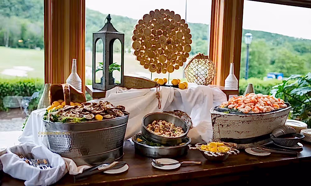 Shrimp and oyster buffet at Bear Den Grille during wedding cocktail hour.